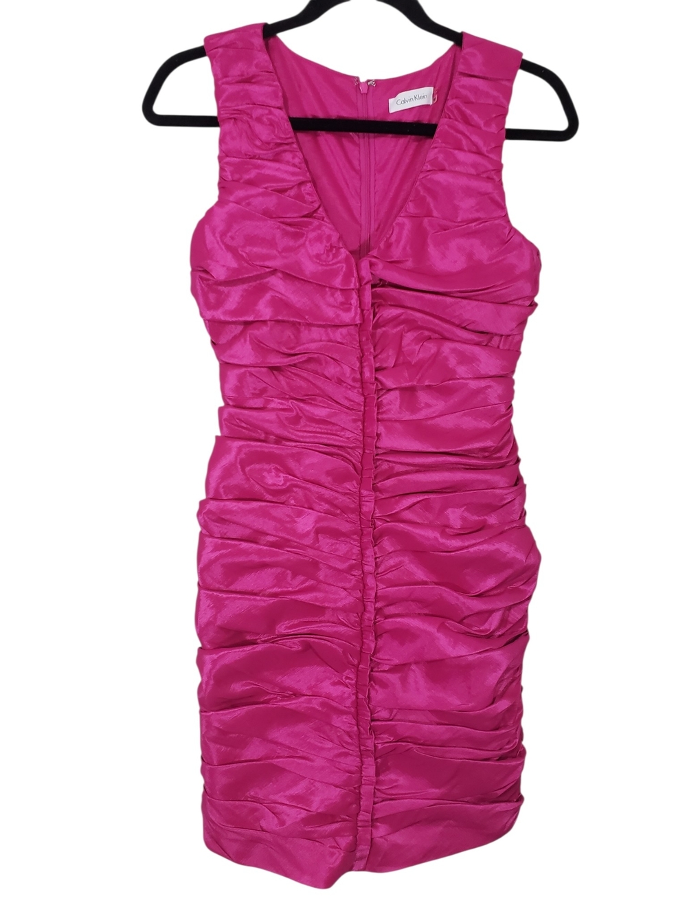 Calvin Klein V-Neck Ruched Hot Pink Sleeveless Cocktail Dress Size 6P